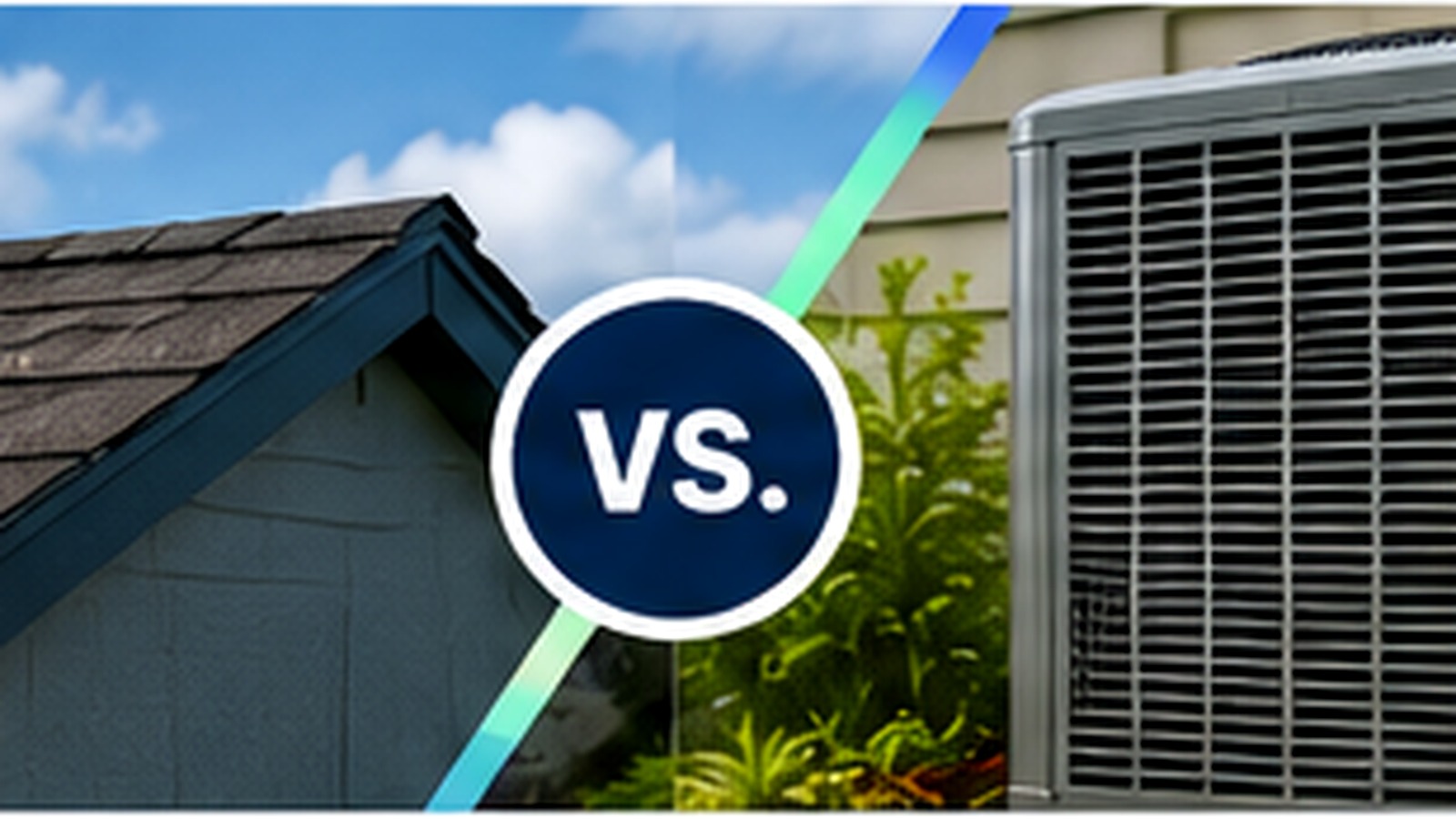 Split illustration comparing a house roof and HVAC system costs