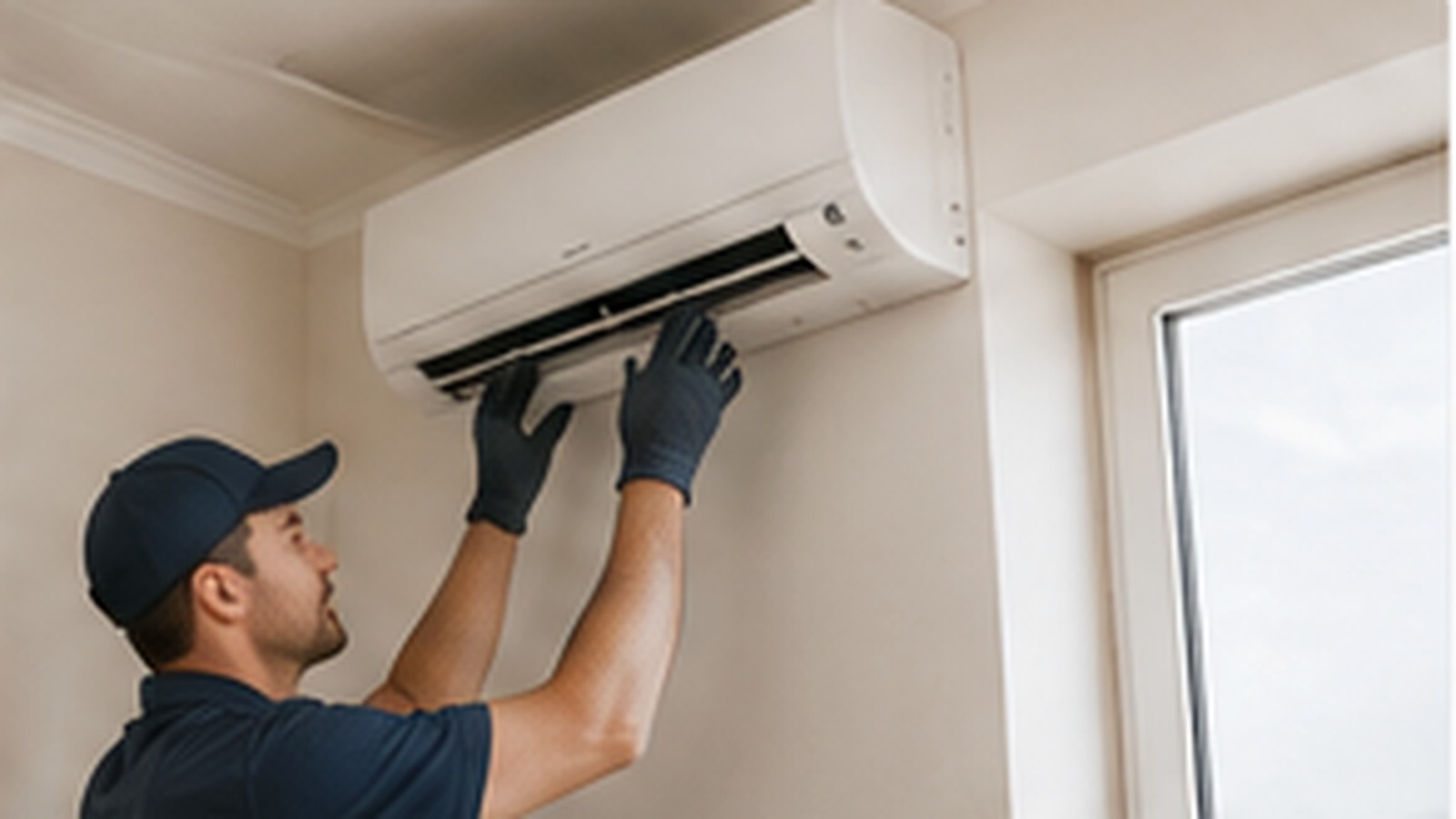 Residential technician installing a wall mounted air conditioner
