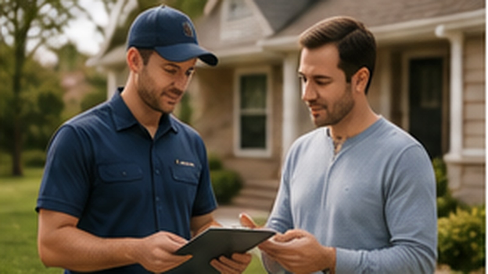 Residential HVAC technician reviewing an estimate with a homeowner